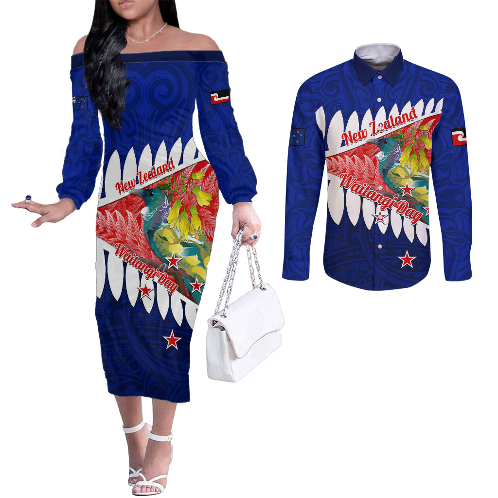 New Zealand Waitangi Day Couples Matching Off The Shoulder Long Sleeve Dress and Long Sleeve Button Shirt NZ Maori Tui Bird With Kowhai Flowers LT14 Blue - Polynesian Pride