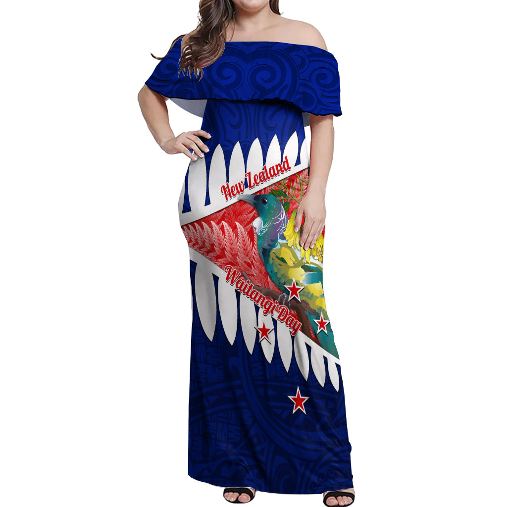 New Zealand Waitangi Day Off Shoulder Maxi Dress NZ Maori Tui Bird With Kowhai Flowers LT14 Women Blue - Polynesian Pride