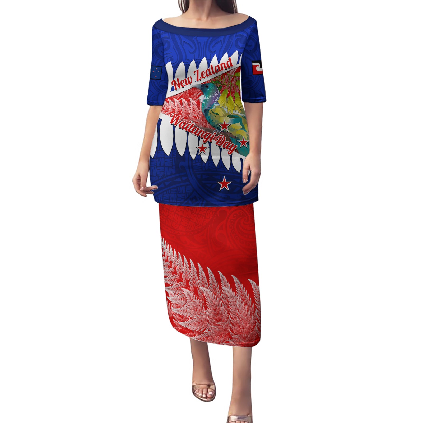 New Zealand Waitangi Day Puletasi NZ Maori Tui Bird With Kowhai Flowers LT14 Long Dress Blue - Polynesian Pride