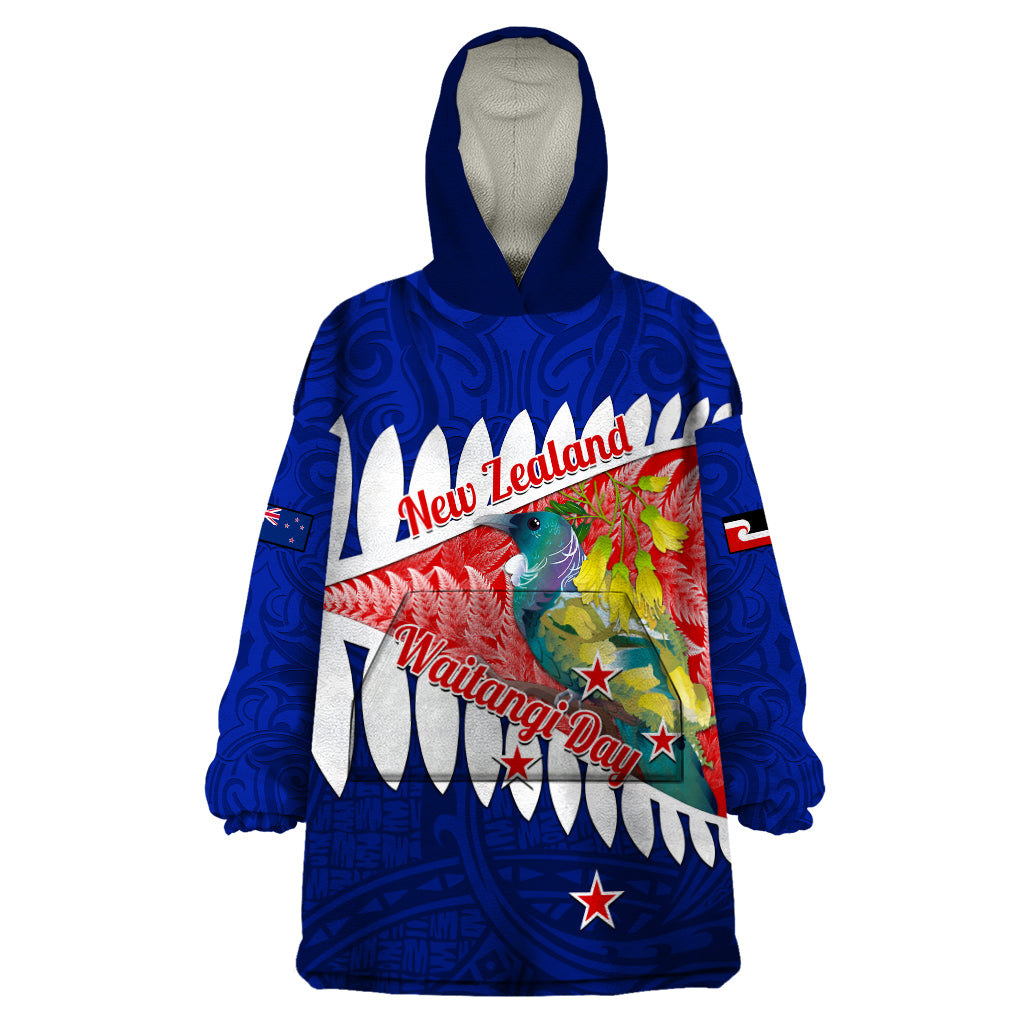 New Zealand Waitangi Day Wearable Blanket Hoodie NZ Maori Tui Bird With Kowhai Flowers LT14 One Size Blue - Polynesian Pride