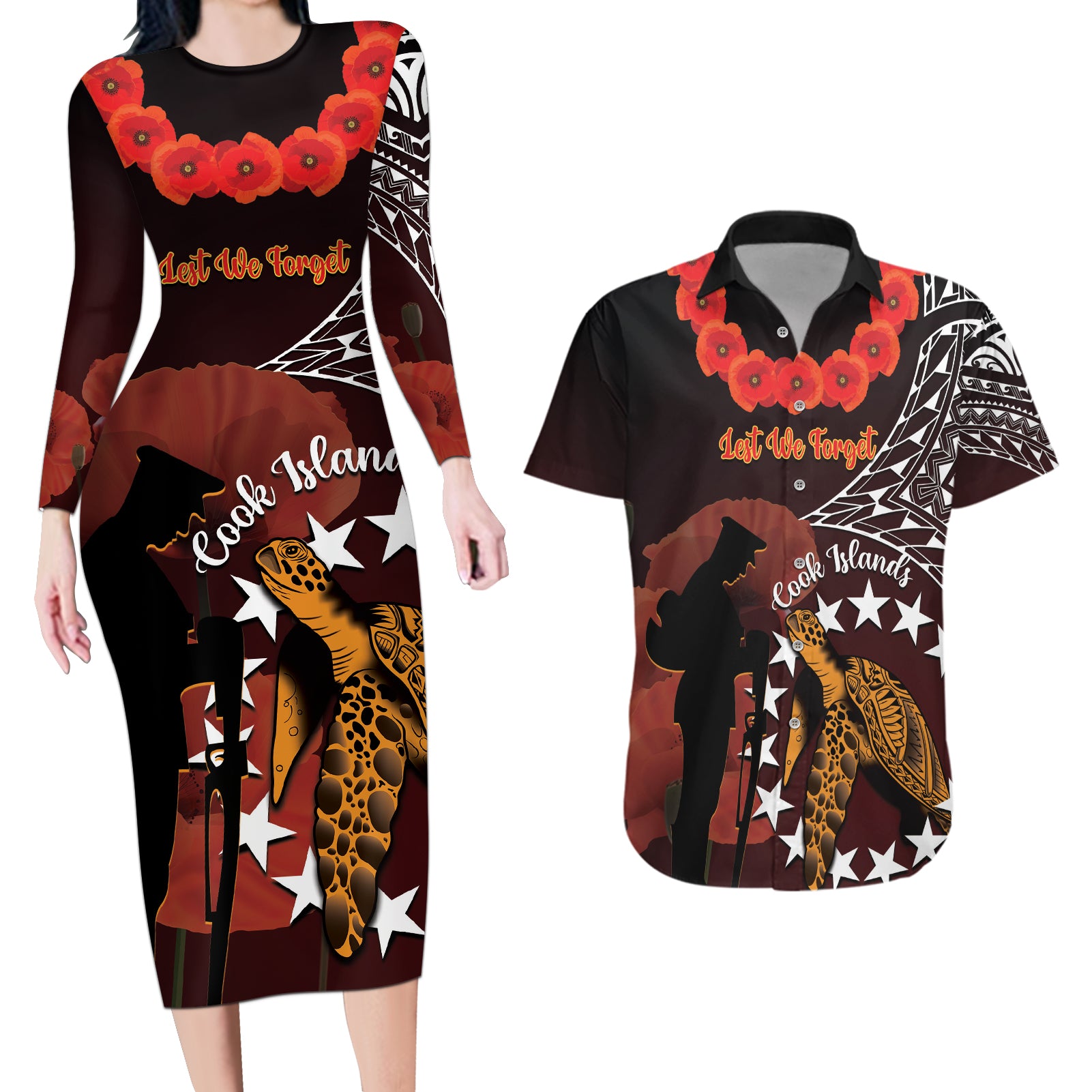 Cook Islands ANZAC Day Couples Matching Long Sleeve Bodycon Dress and Hawaiian Shirt Poppies With Sea Turtle LT14 Red - Polynesian Pride