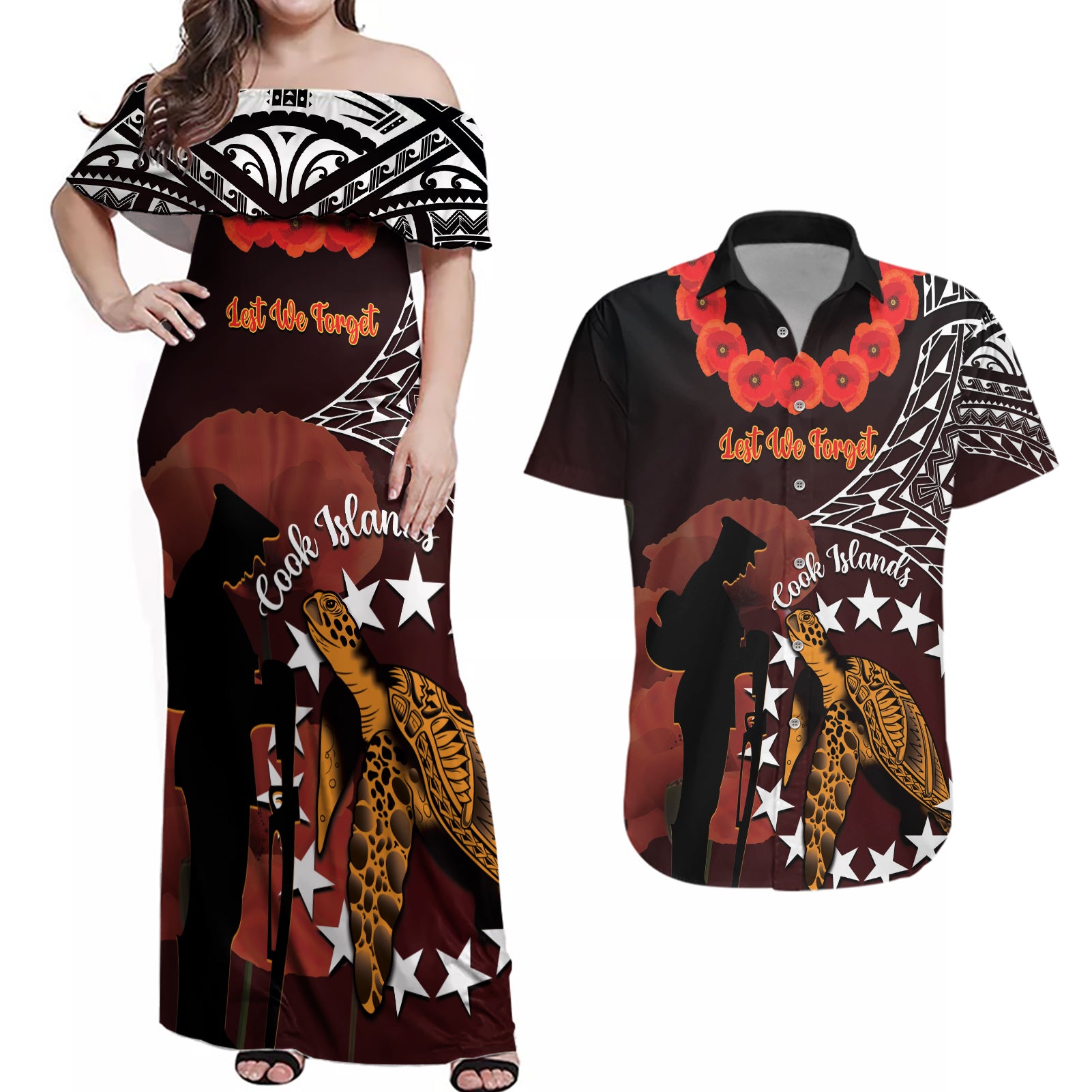 Cook Islands ANZAC Day Couples Matching Off Shoulder Maxi Dress and Hawaiian Shirt Poppies With Sea Turtle LT14 Red - Polynesian Pride