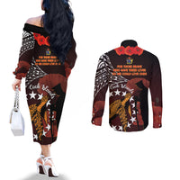 Cook Islands ANZAC Day Couples Matching Off The Shoulder Long Sleeve Dress and Long Sleeve Button Shirt Poppies With Sea Turtle LT14 - Polynesian Pride