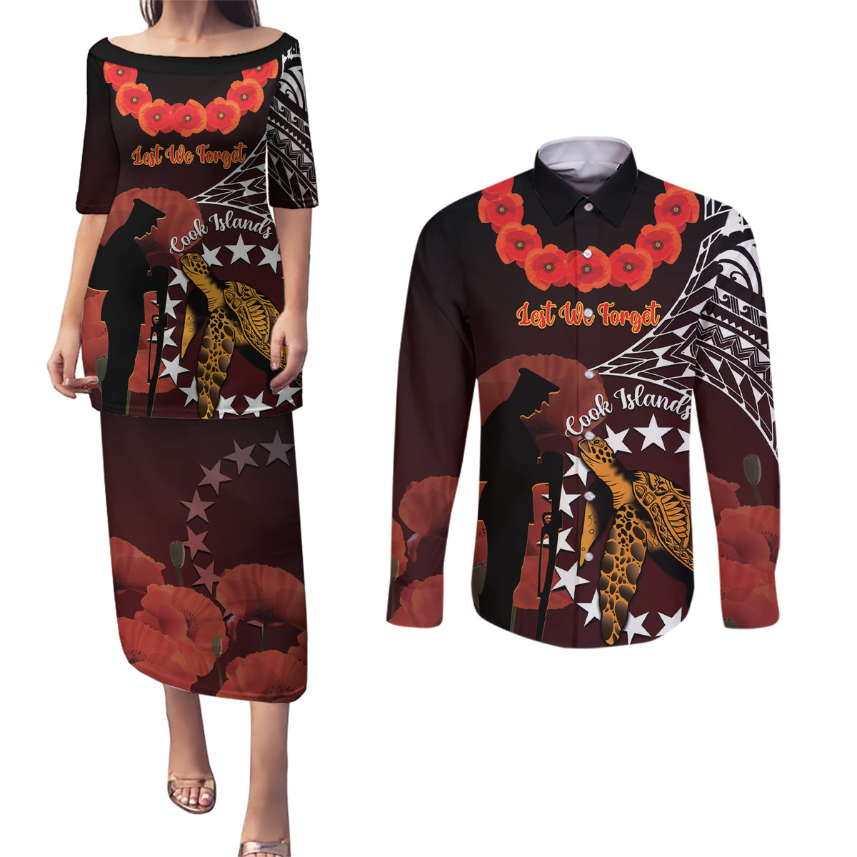 Cook Islands ANZAC Day Couples Matching Puletasi and Long Sleeve Button Shirt Poppies With Sea Turtle LT14 Red - Polynesian Pride