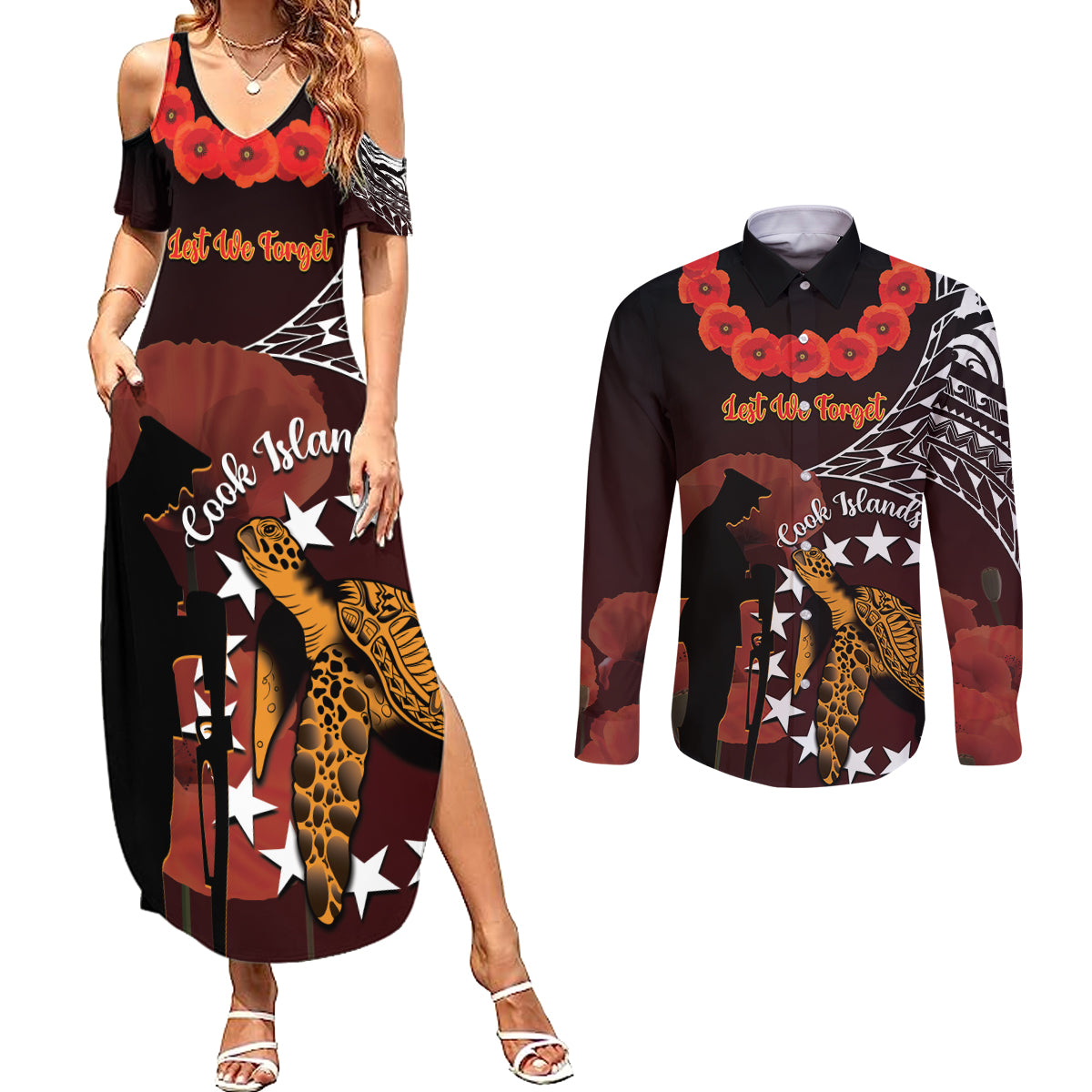Cook Islands ANZAC Day Couples Matching Summer Maxi Dress and Long Sleeve Button Shirt Poppies With Sea Turtle LT14 Red - Polynesian Pride