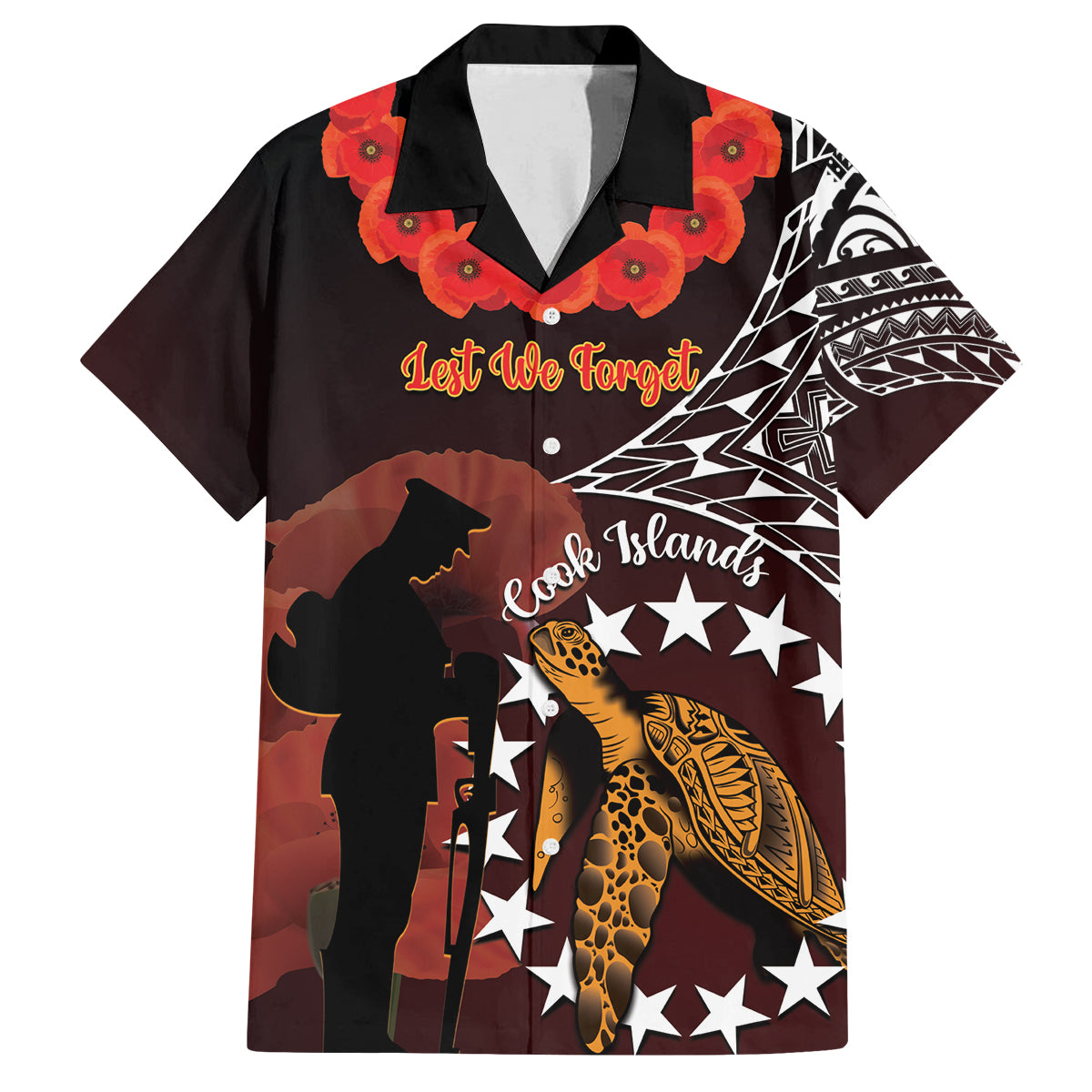 Cook Islands ANZAC Day Family Matching Long Sleeve Bodycon Dress and Hawaiian Shirt Poppies With Sea Turtle LT14 Dad's Shirt - Short Sleeve Red - Polynesian Pride