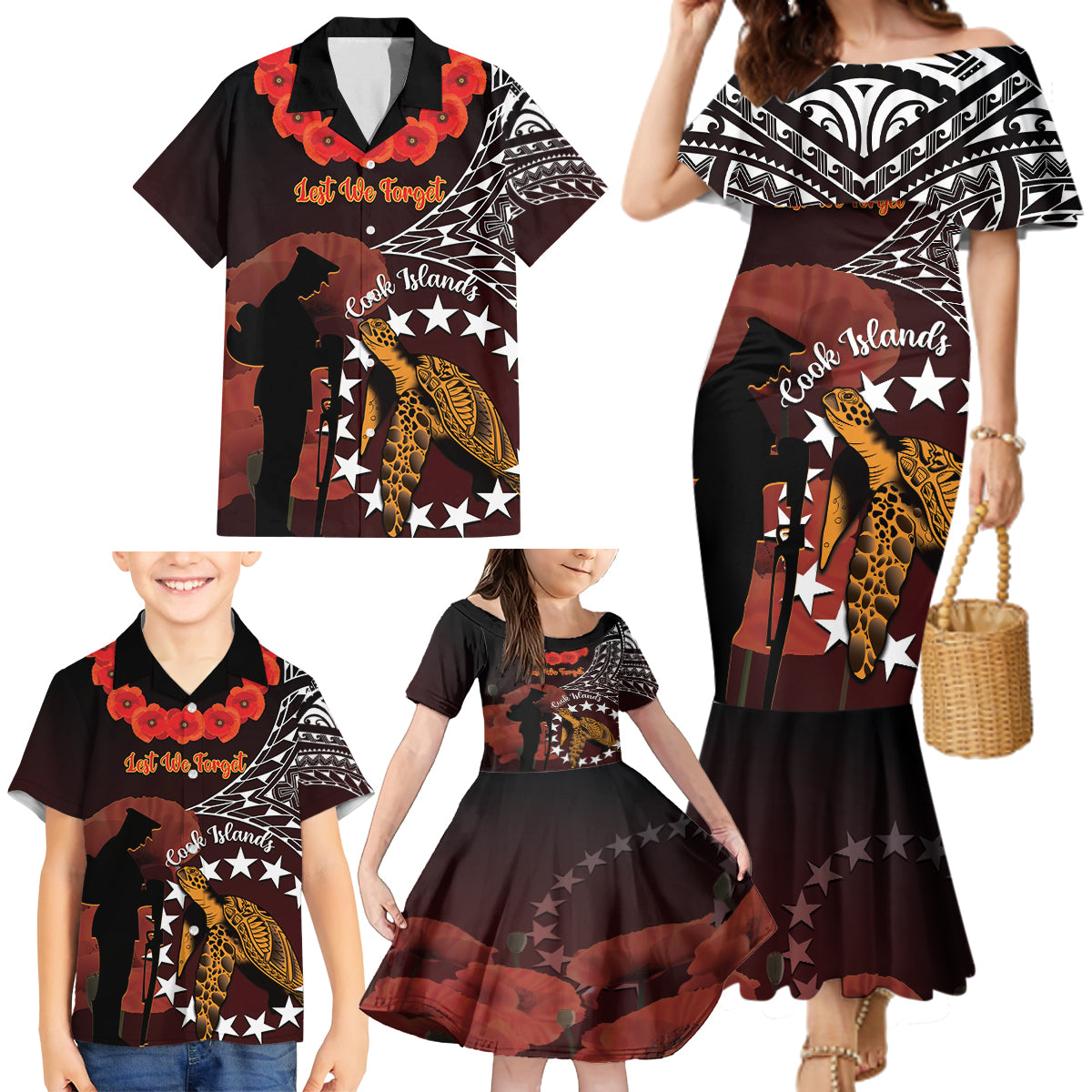 Cook Islands ANZAC Day Family Matching Mermaid Dress and Hawaiian Shirt Poppies With Sea Turtle LT14 - Polynesian Pride