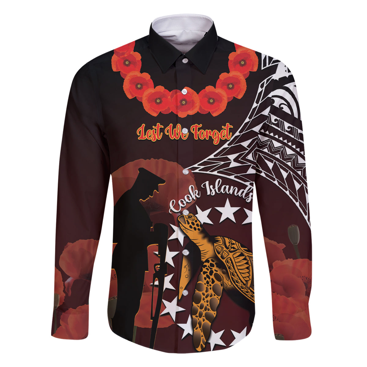 Cook Islands ANZAC Day Family Matching Off Shoulder Long Sleeve Dress and Hawaiian Shirt Poppies With Sea Turtle LT14 Dad's Shirt - Long Sleeve Red - Polynesian Pride