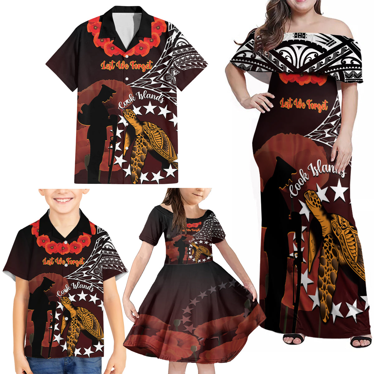 Cook Islands ANZAC Day Family Matching Off Shoulder Maxi Dress and Hawaiian Shirt Poppies With Sea Turtle LT14 - Polynesian Pride