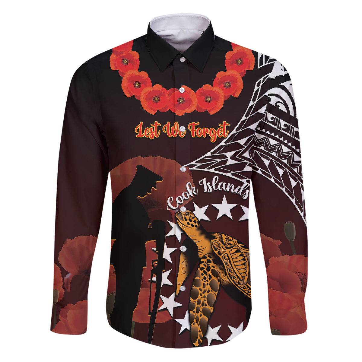 Cook Islands ANZAC Day Family Matching Puletasi and Hawaiian Shirt Poppies With Sea Turtle LT14 Dad's Shirt - Long Sleeve Red - Polynesian Pride