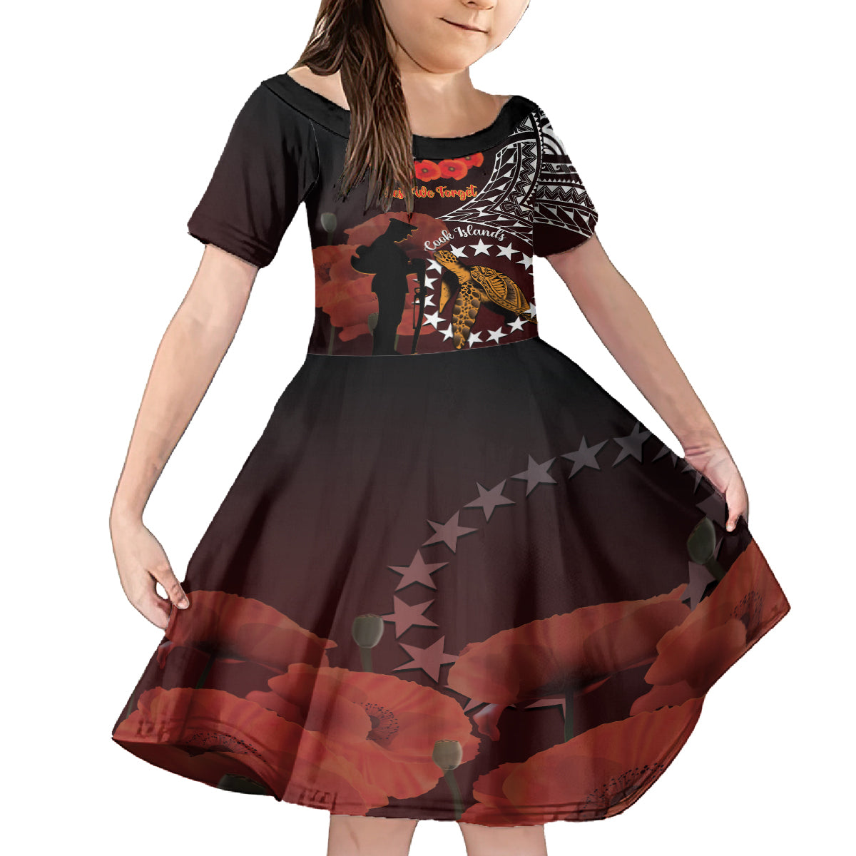 Cook Islands ANZAC Day Kid Short Sleeve Dress Poppies With Sea Turtle LT14 KID Red - Polynesian Pride