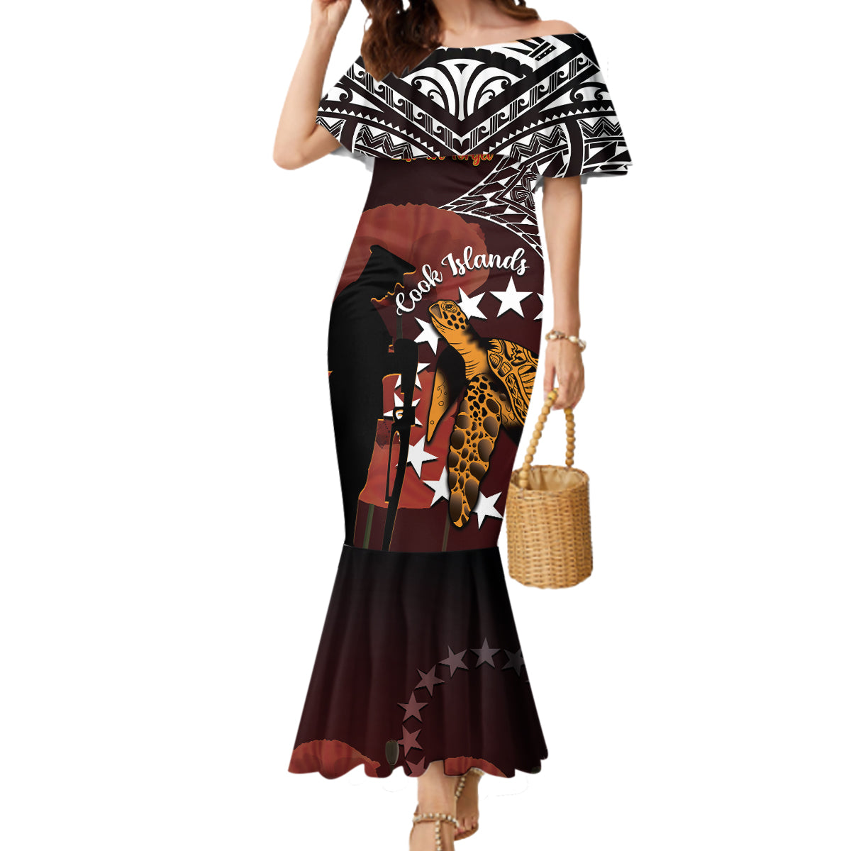 Cook Islands ANZAC Day Mermaid Dress Poppies With Sea Turtle LT14 Women Red - Polynesian Pride