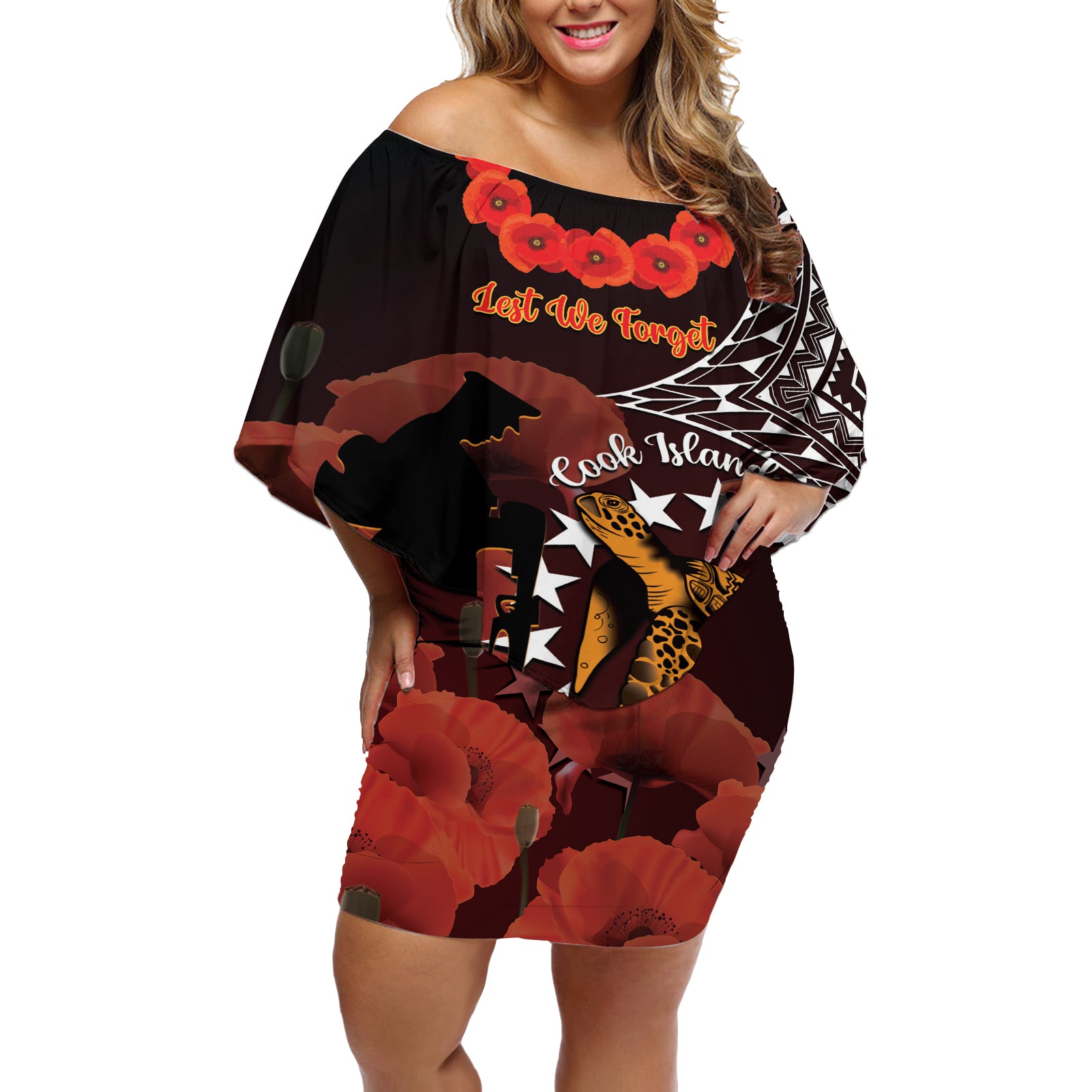 Cook Islands ANZAC Day Off Shoulder Short Dress Poppies With Sea Turtle LT14 Women Red - Polynesian Pride