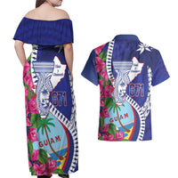 Biba Guam Liberation Day Couples Matching Off Shoulder Maxi Dress and Hawaiian Shirt Tano y Chamoru Latte Stone Blue