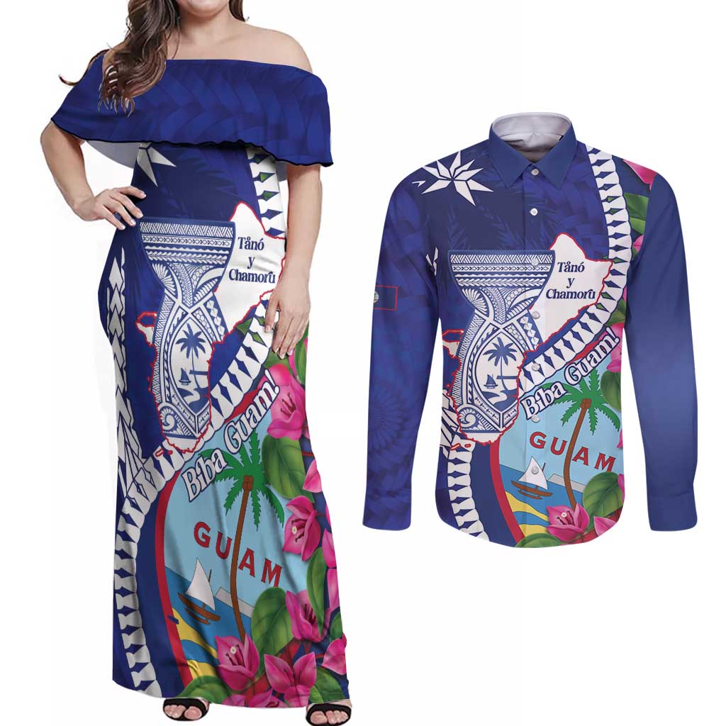 Biba Guam Liberation Day Couples Matching Off Shoulder Maxi Dress and Long Sleeve Button Shirt Tano y Chamoru Latte Stone Blue