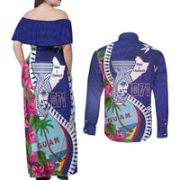 Biba Guam Liberation Day Couples Matching Off Shoulder Maxi Dress and Long Sleeve Button Shirt Tano y Chamoru Latte Stone Blue