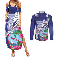 Biba Guam Liberation Day Couples Matching Summer Maxi Dress and Long Sleeve Button Shirt Tano y Chamoru Latte Stone Blue