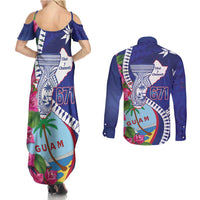 Biba Guam Liberation Day Couples Matching Summer Maxi Dress and Long Sleeve Button Shirt Tano y Chamoru Latte Stone Blue