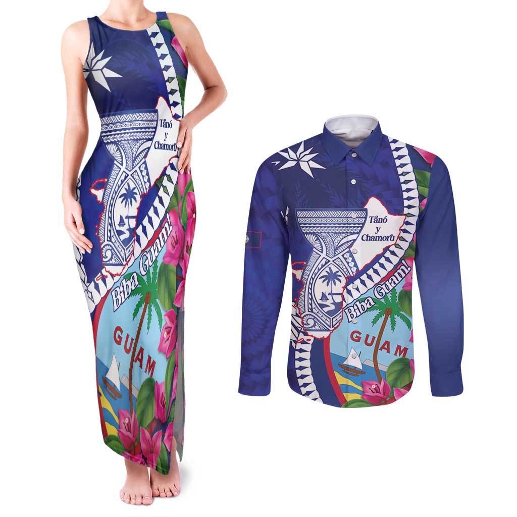 Biba Guam Liberation Day Couples Matching Tank Maxi Dress and Long Sleeve Button Shirt Tano y Chamoru Latte Stone Blue