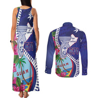 Biba Guam Liberation Day Couples Matching Tank Maxi Dress and Long Sleeve Button Shirt Tano y Chamoru Latte Stone Blue
