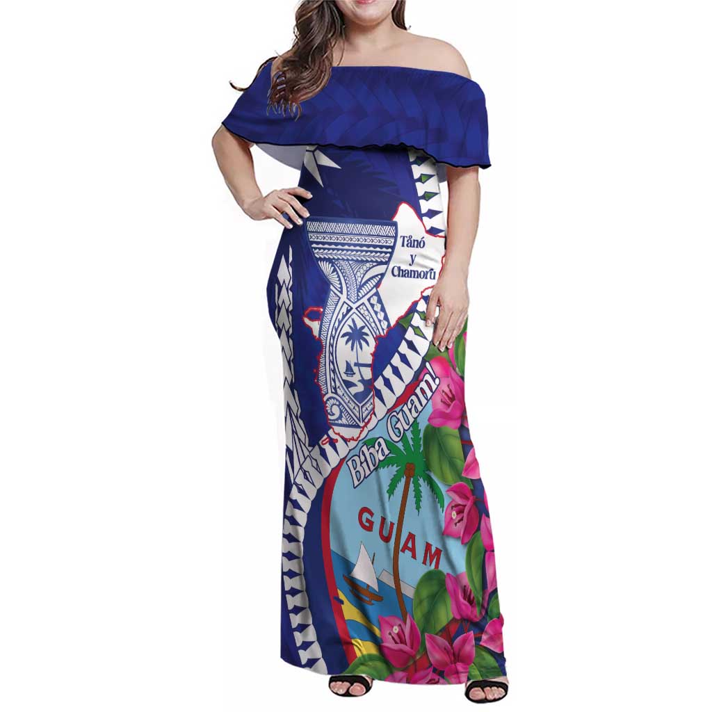 Biba Guam Liberation Day Family Matching Off Shoulder Maxi Dress and Hawaiian Shirt Tano y Chamoru Latte Stone Blue