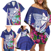 Biba Guam Liberation Day Family Matching Off Shoulder Short Dress and Hawaiian Shirt Tano y Chamoru Latte Stone Blue