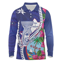 Biba Guam Liberation Day Long Sleeve Polo Shirt Tano y Chamoru Latte Stone Blue