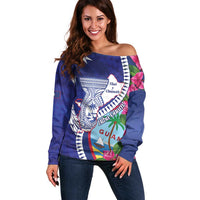Biba Guam Liberation Day Off Shoulder Sweater Tano y Chamoru Latte Stone Blue
