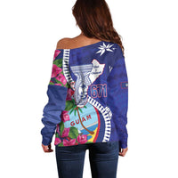 Biba Guam Liberation Day Off Shoulder Sweater Tano y Chamoru Latte Stone Blue