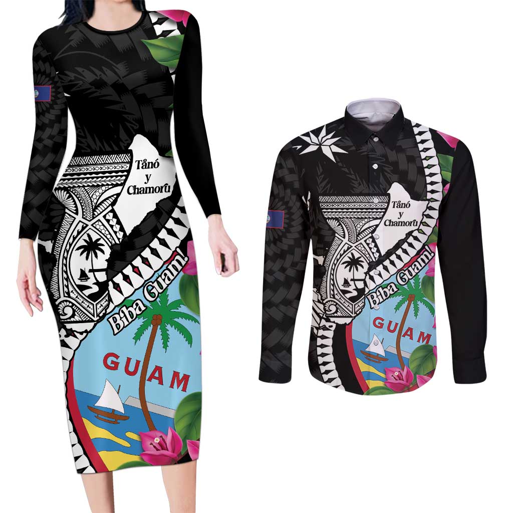Biba Guam Liberation Day Couples Matching Long Sleeve Bodycon Dress and Long Sleeve Button Shirt Tano y Chamoru Latte Stone Black