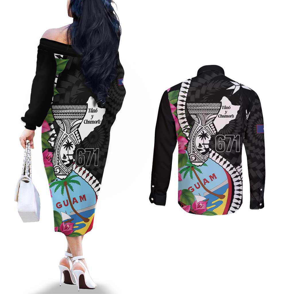 Biba Guam Liberation Day Couples Matching Off The Shoulder Long Sleeve Dress and Long Sleeve Button Shirt Tano y Chamoru Latte Stone Black