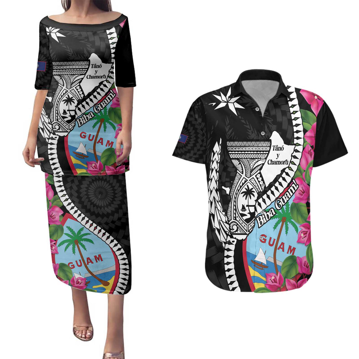 Biba Guam Liberation Day Couples Matching Puletasi and Hawaiian Shirt Tano y Chamoru Latte Stone Black