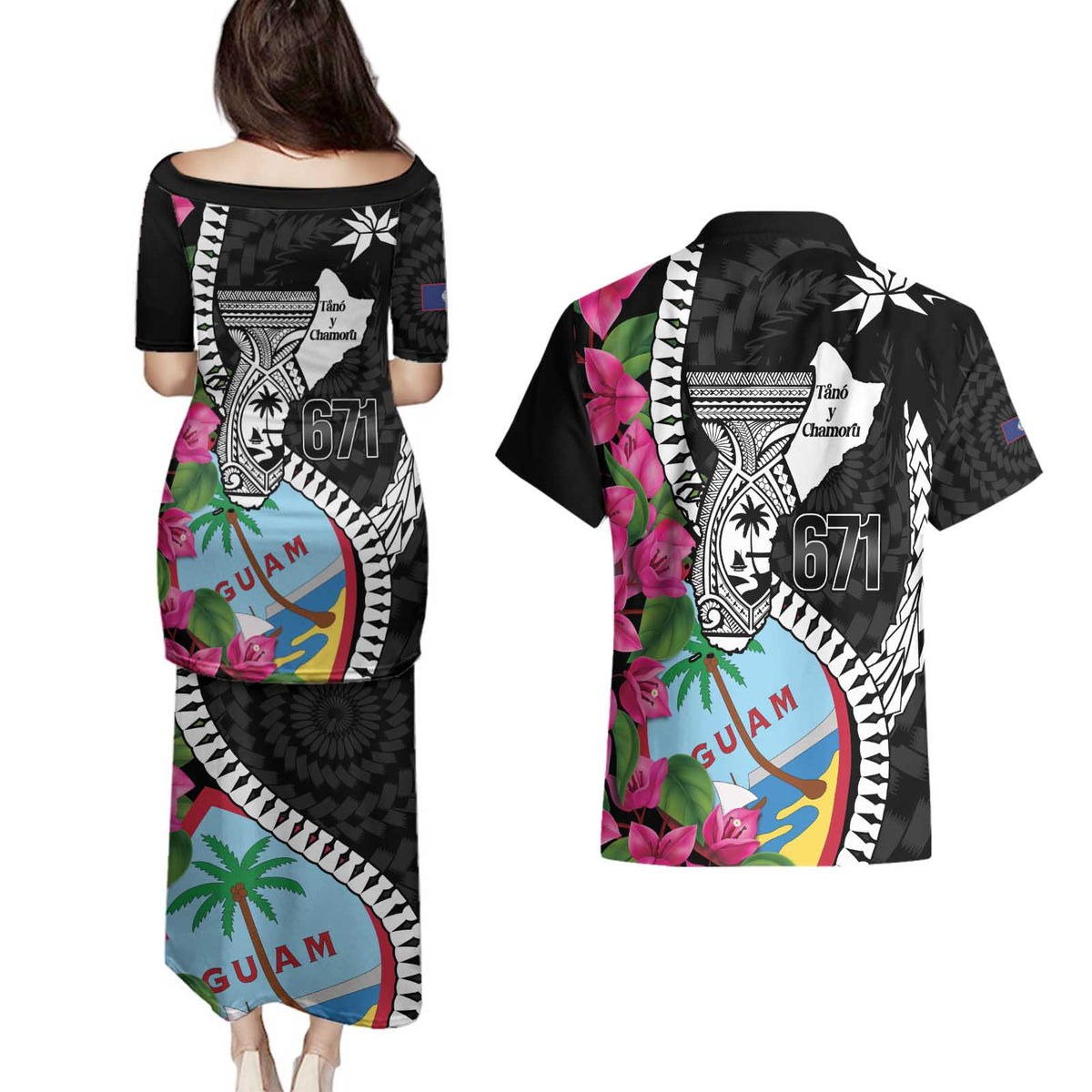 Biba Guam Liberation Day Couples Matching Puletasi and Hawaiian Shirt Tano y Chamoru Latte Stone Black