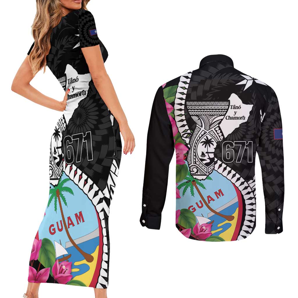 Biba Guam Liberation Day Couples Matching Short Sleeve Bodycon Dress and Long Sleeve Button Shirt Tano y Chamoru Latte Stone Black