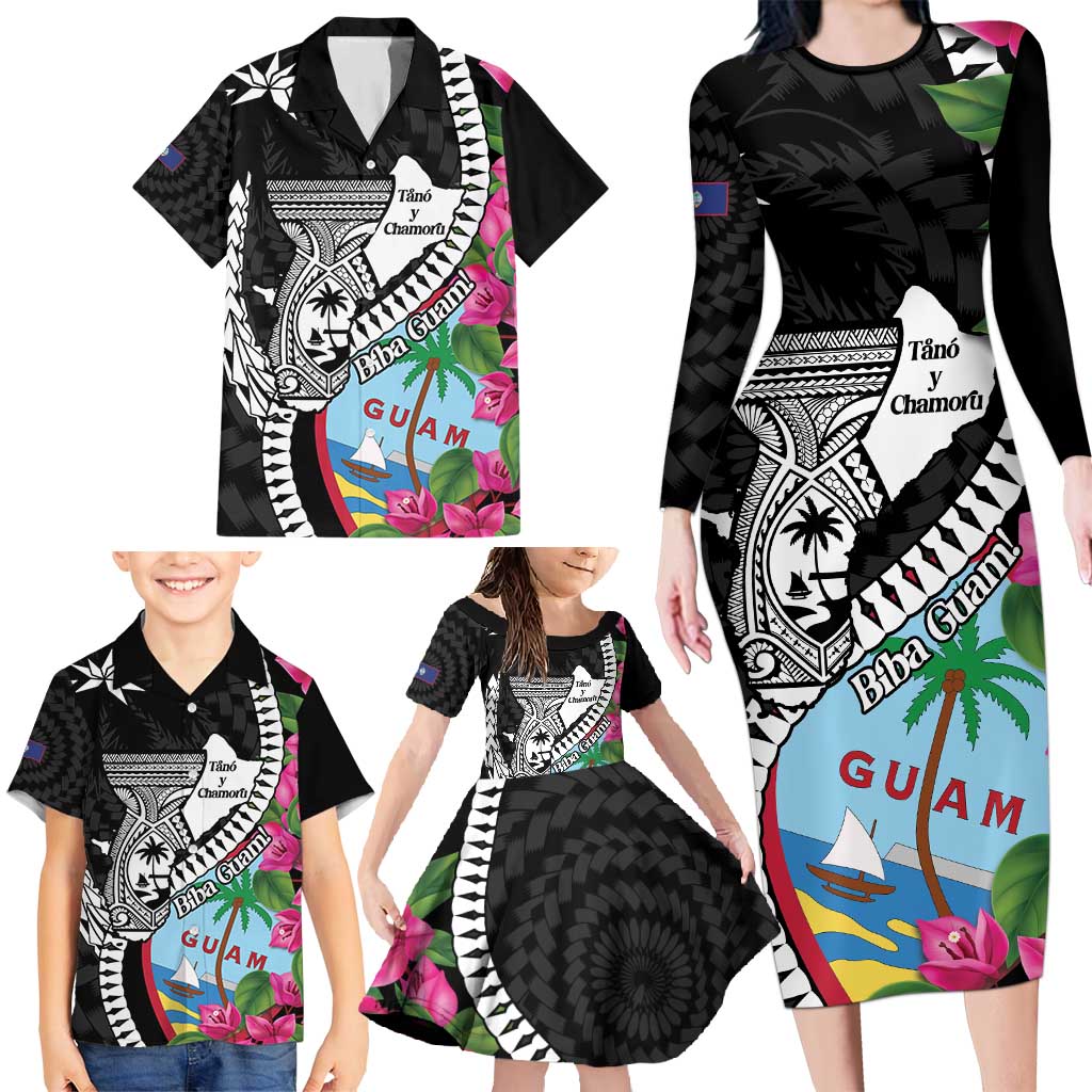Biba Guam Liberation Day Family Matching Long Sleeve Bodycon Dress and Hawaiian Shirt Tano y Chamoru Latte Stone Black