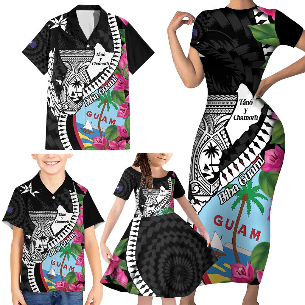 Biba Guam Liberation Day Family Matching Short Sleeve Bodycon Dress and Hawaiian Shirt Tano y Chamoru Latte Stone Black