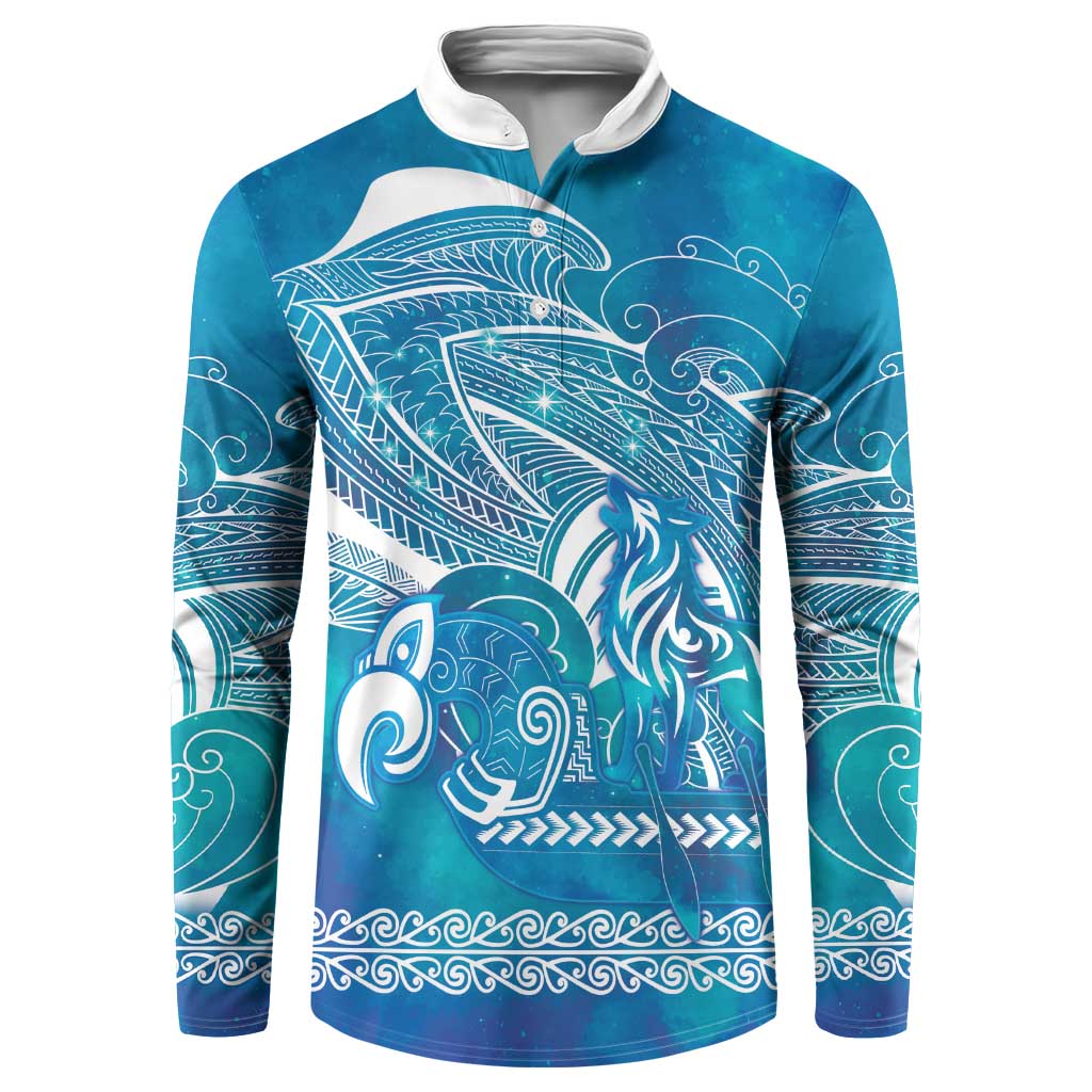Kuri Dog Waka New Zealand Matariki Button Sweatshirt Ocean Sharks Maori Tattoo LT14 Blue - Polynesian Pride