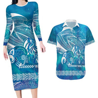 Kuri Dog Waka New Zealand Matariki Couples Matching Long Sleeve Bodycon Dress and Hawaiian Shirt Ocean Sharks Maori Tattoo