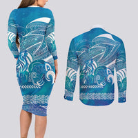 Kuri Dog Waka New Zealand Matariki Couples Matching Long Sleeve Bodycon Dress and Long Sleeve Button Shirt Ocean Sharks Maori Tattoo