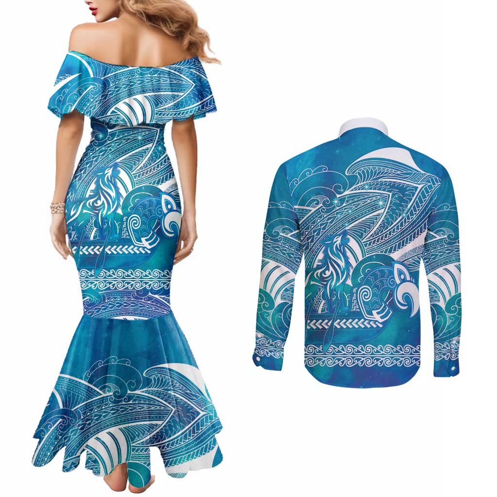 Kuri Dog Waka New Zealand Matariki Couples Matching Mermaid Dress and Long Sleeve Button Shirt Ocean Sharks Maori Tattoo