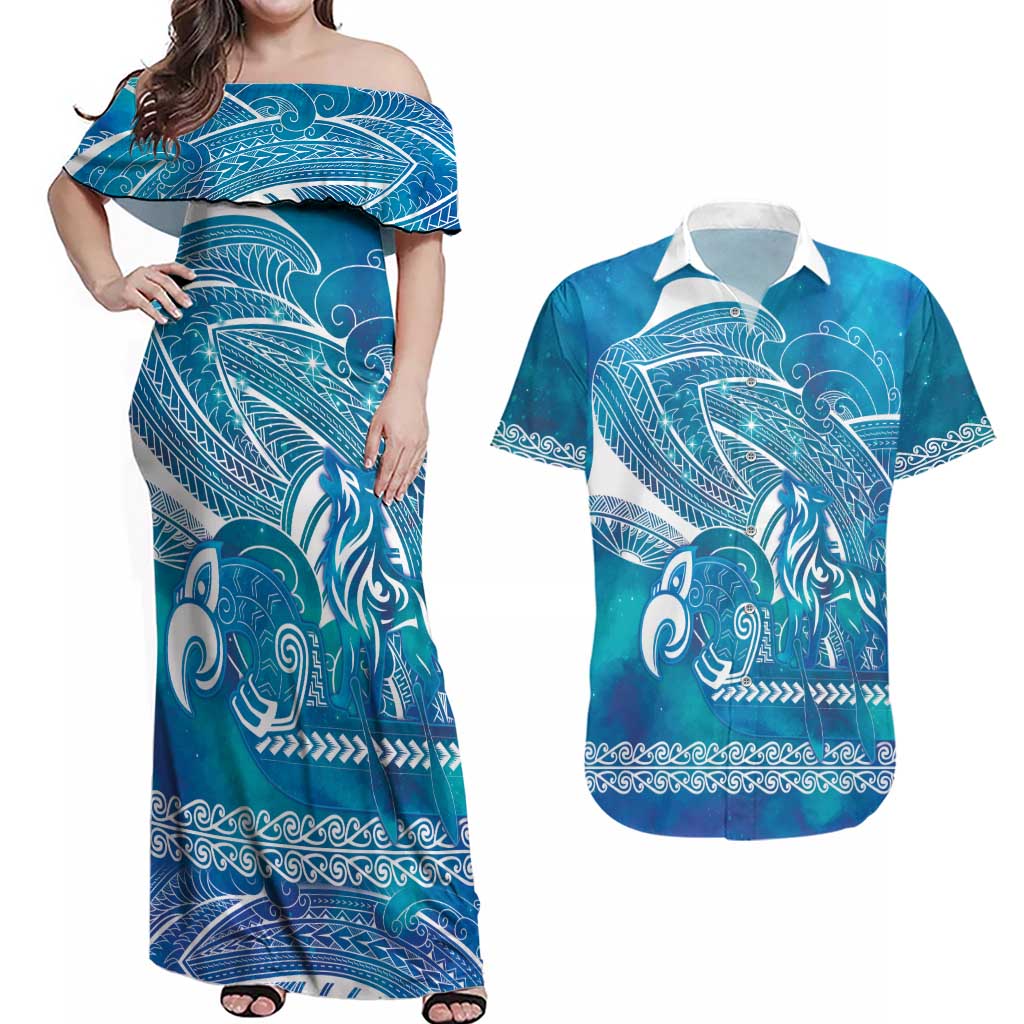 Kuri Dog Waka New Zealand Matariki Couples Matching Off Shoulder Maxi Dress and Hawaiian Shirt Ocean Sharks Maori Tattoo