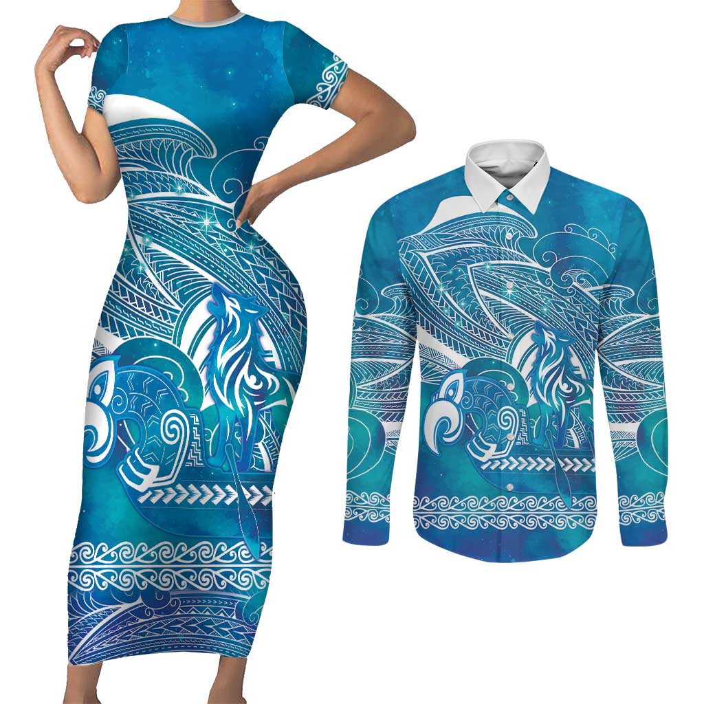Kuri Dog Waka New Zealand Matariki Couples Matching Short Sleeve Bodycon Dress and Long Sleeve Button Shirt Ocean Sharks Maori Tattoo LT14 Blue - Polynesian Pride