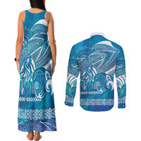 Kuri Dog Waka New Zealand Matariki Couples Matching Tank Maxi Dress and Long Sleeve Button Shirt Ocean Sharks Maori Tattoo