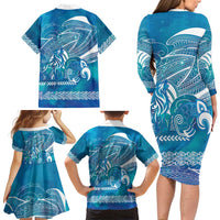 Kuri Dog Waka New Zealand Matariki Family Matching Long Sleeve Bodycon Dress and Hawaiian Shirt Ocean Sharks Maori Tattoo