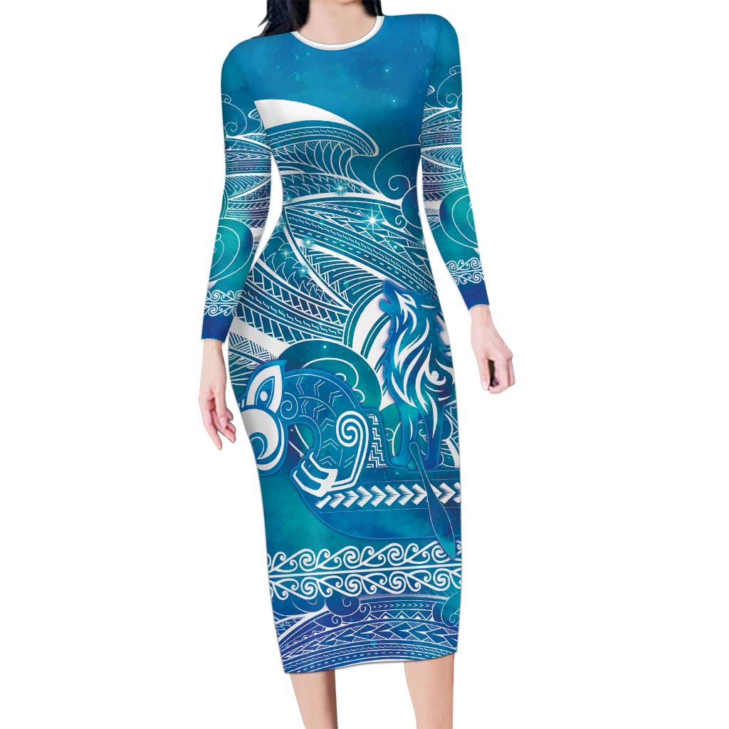Kuri Dog Waka New Zealand Matariki Family Matching Long Sleeve Bodycon Dress and Hawaiian Shirt Ocean Sharks Maori Tattoo
