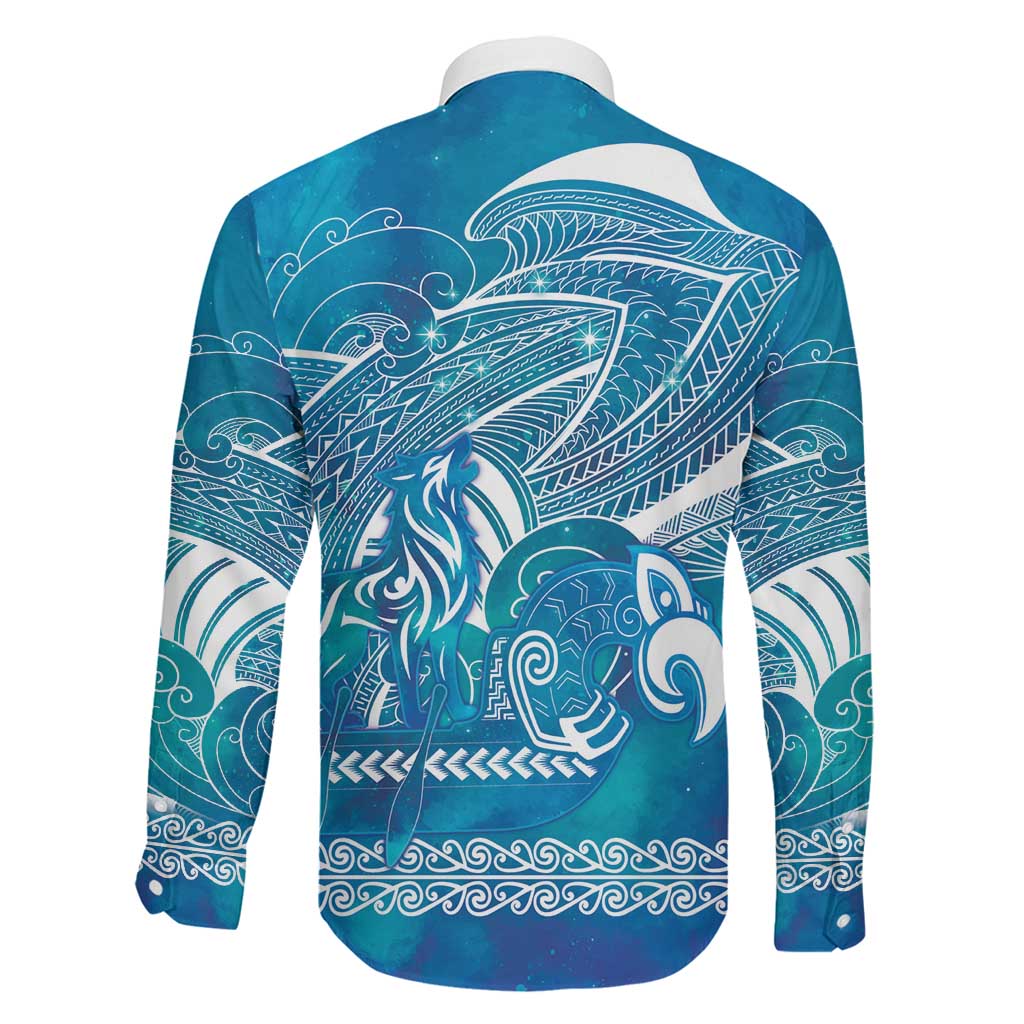 Kuri Dog Waka New Zealand Matariki Family Matching Off The Shoulder Long Sleeve Dress and Hawaiian Shirt Ocean Sharks Maori Tattoo