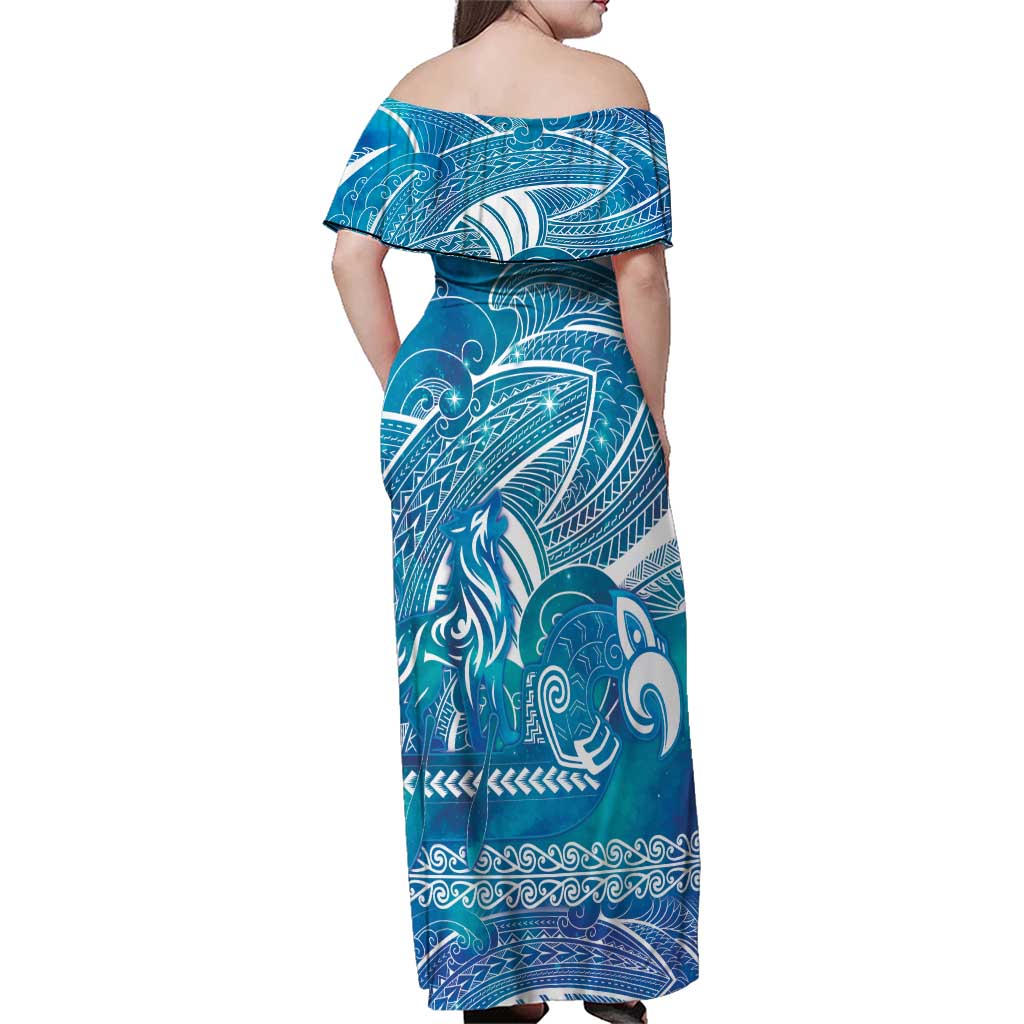 Kuri Dog Waka New Zealand Matariki Family Matching Off Shoulder Maxi Dress and Hawaiian Shirt Ocean Sharks Maori Tattoo