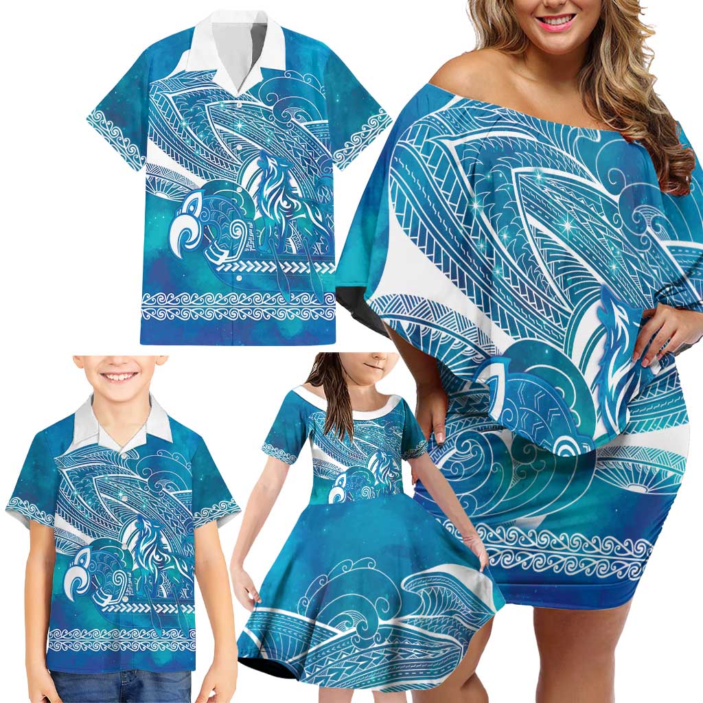 Kuri Dog Waka New Zealand Matariki Family Matching Off Shoulder Short Dress and Hawaiian Shirt Ocean Sharks Maori Tattoo LT14 - Polynesian Pride