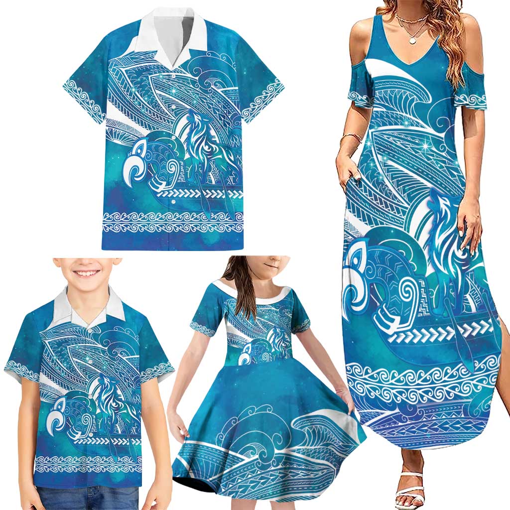 Kuri Dog Waka New Zealand Matariki Family Matching Summer Maxi Dress and Hawaiian Shirt Ocean Sharks Maori Tattoo LT14 - Polynesian Pride
