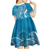 Kuri Dog Waka New Zealand Matariki Kid Short Sleeve Dress Ocean Sharks Maori Tattoo